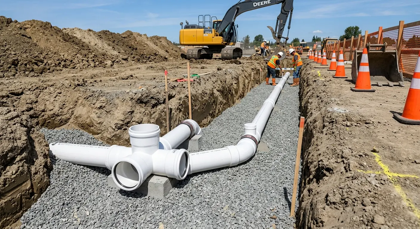 New PVC sewer pipe installation in open trench for Commercial Drain Cleaning in Belton
