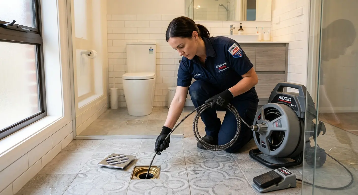 Technician clearing a bathroom floor drain for Clogged Drain Repair in Belton